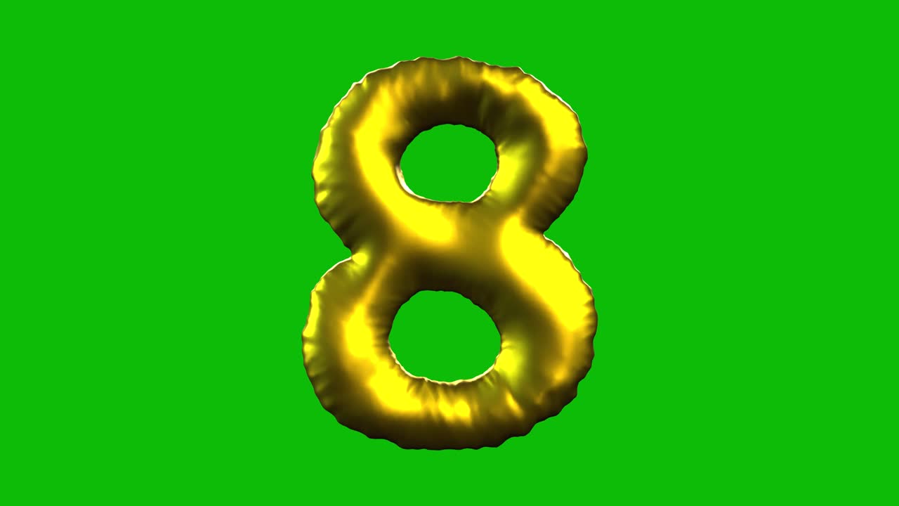 Gold Foil balloon number 8 inflates, spins, and reveals on green screen in 3D animation. Ideal for celebrations, parties, birthdays, and video editing projects