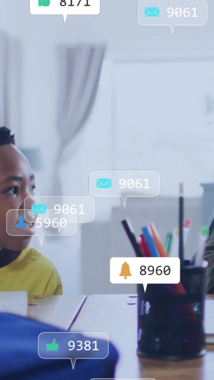 Social media engagement animation over father and son working at home