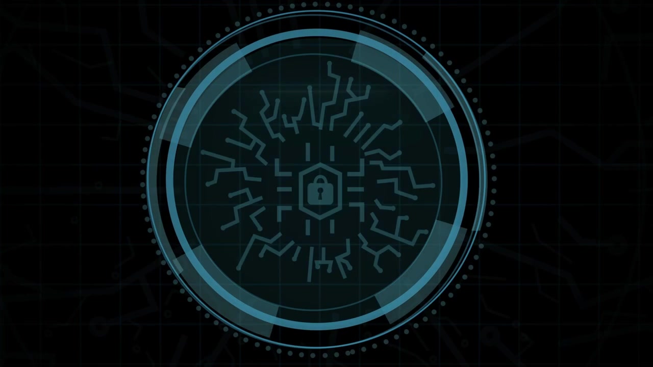 Binary ring starting cyber HUD padlock forming, circuits spreading, scan sweeping, defending net
