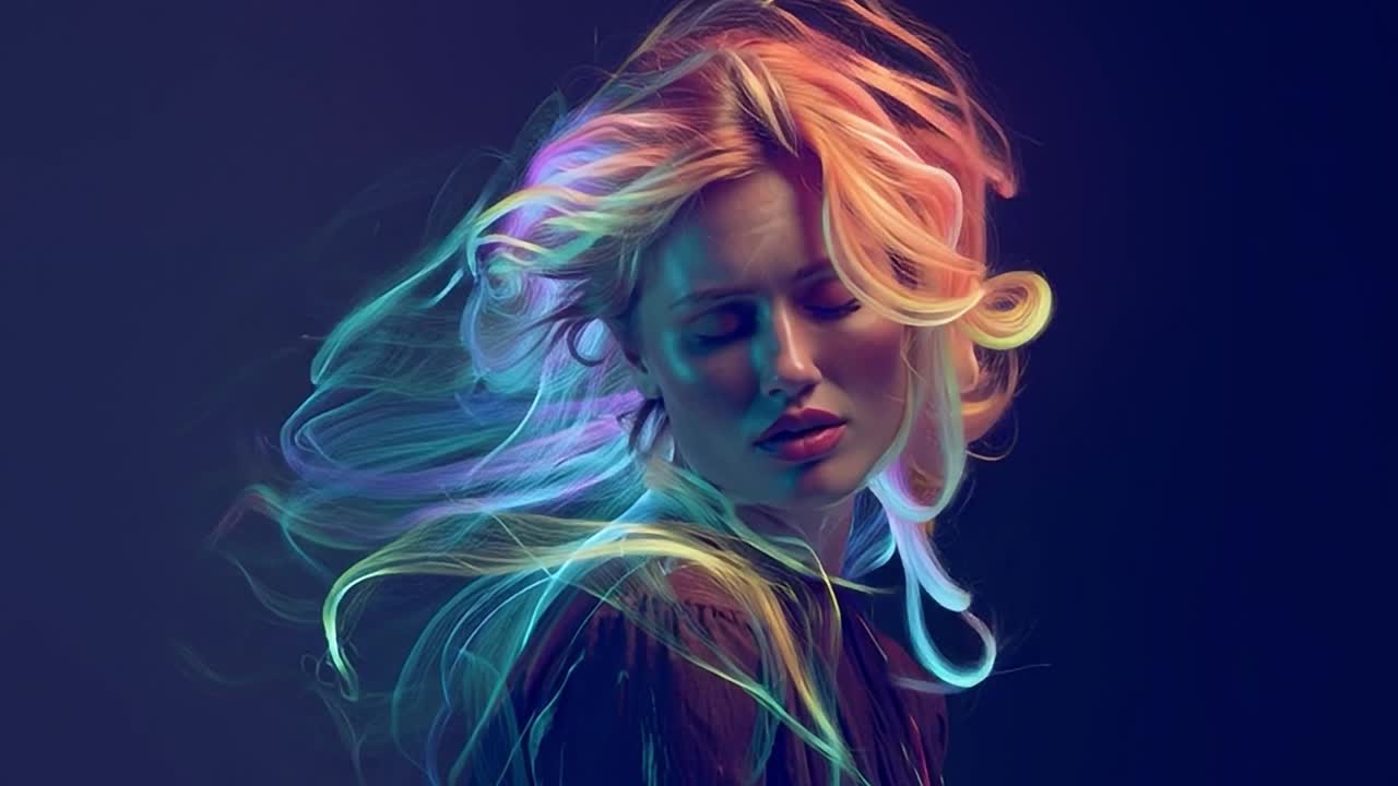 Modella con capelli vivaci ed effetti di luce colorati in un'ambientazione scura.