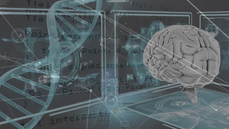 animación de datos científicos, adn, cerebro y conexiones sobre un fondo negro