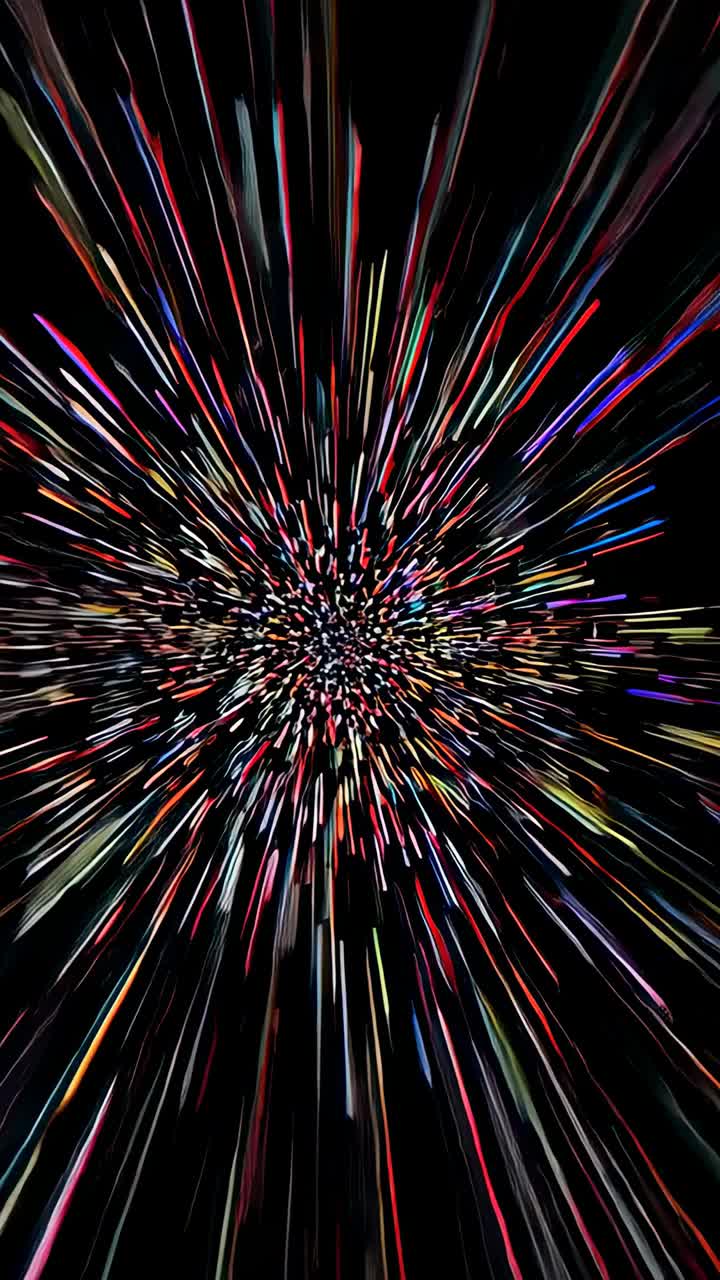 Vertical video: Zooming core expanding in black void, emitting multicolored streaks and white flare
