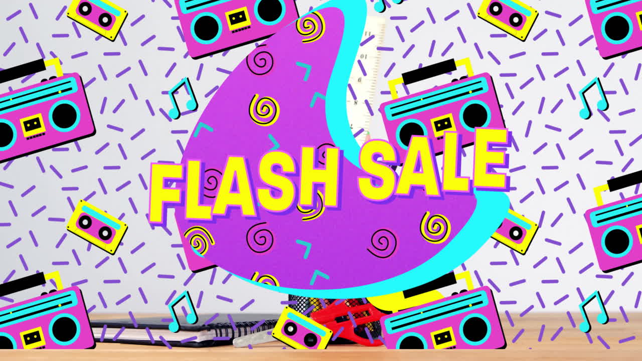 Grafica di offerta lampo visualizzata su una scrivania, con una forma viola e icone retrò in flat design.