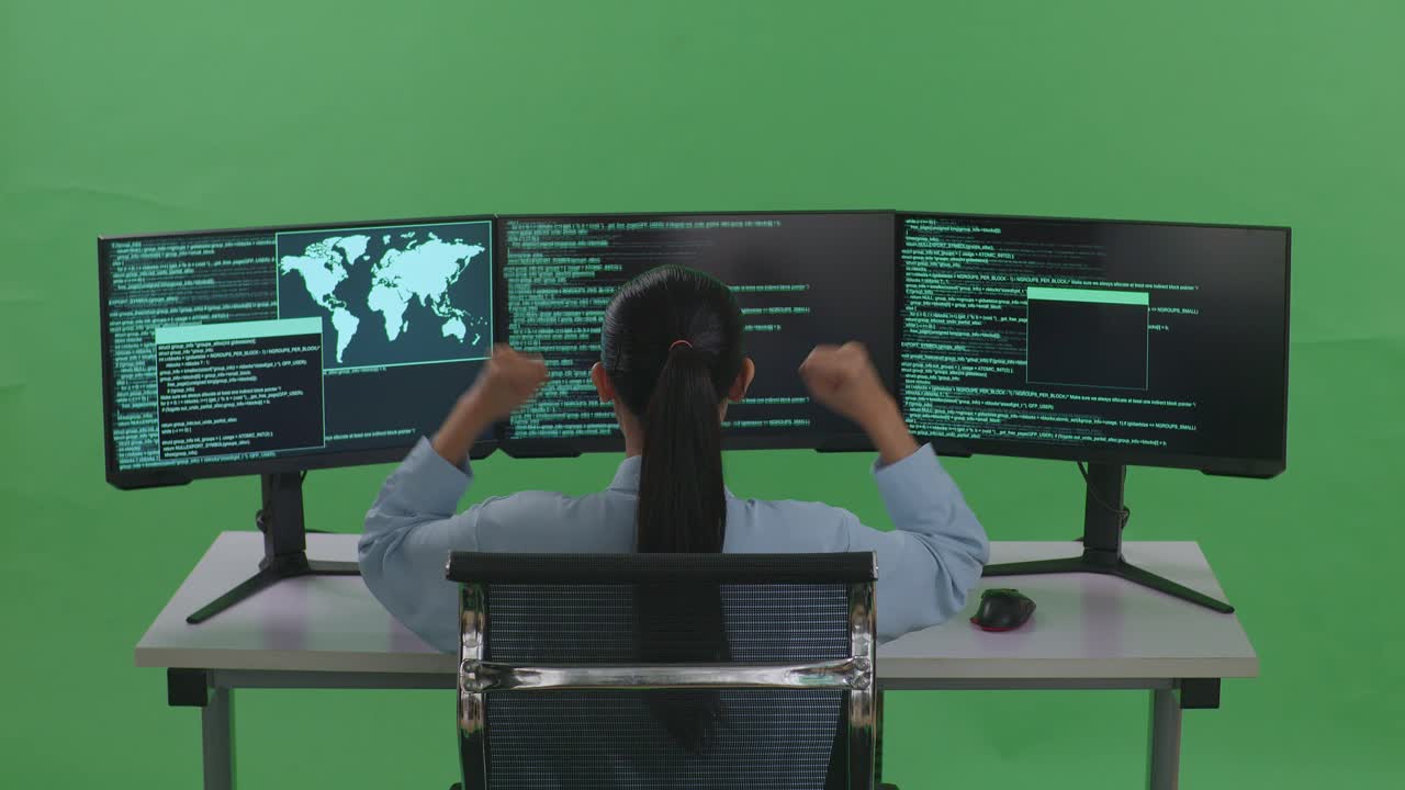 Back View Of Happy Asian Woman Developer Celebrating While Write Code With Multiple Computer Screens In Green Screen Studio