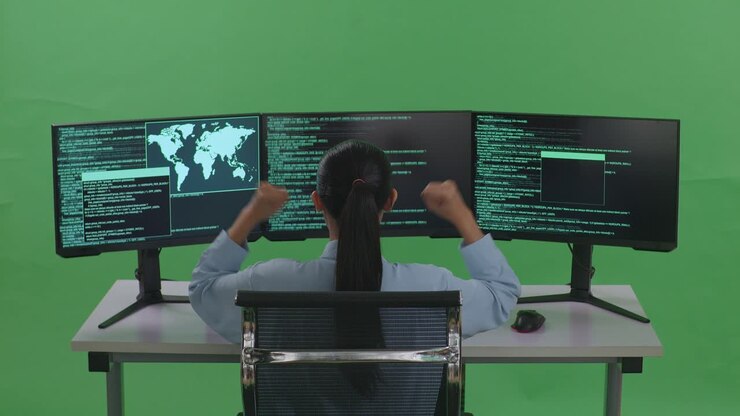 Back View Of Happy Asian Woman Developer Celebrating While Write Code With Multiple Computer Screens In Green Screen Studio