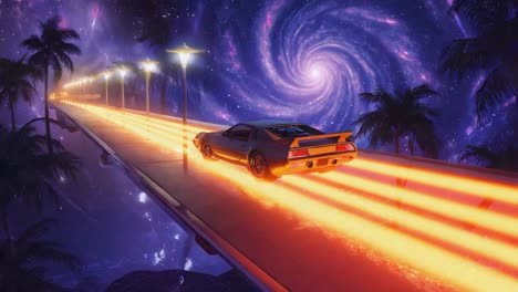 synthwave car on a neon road