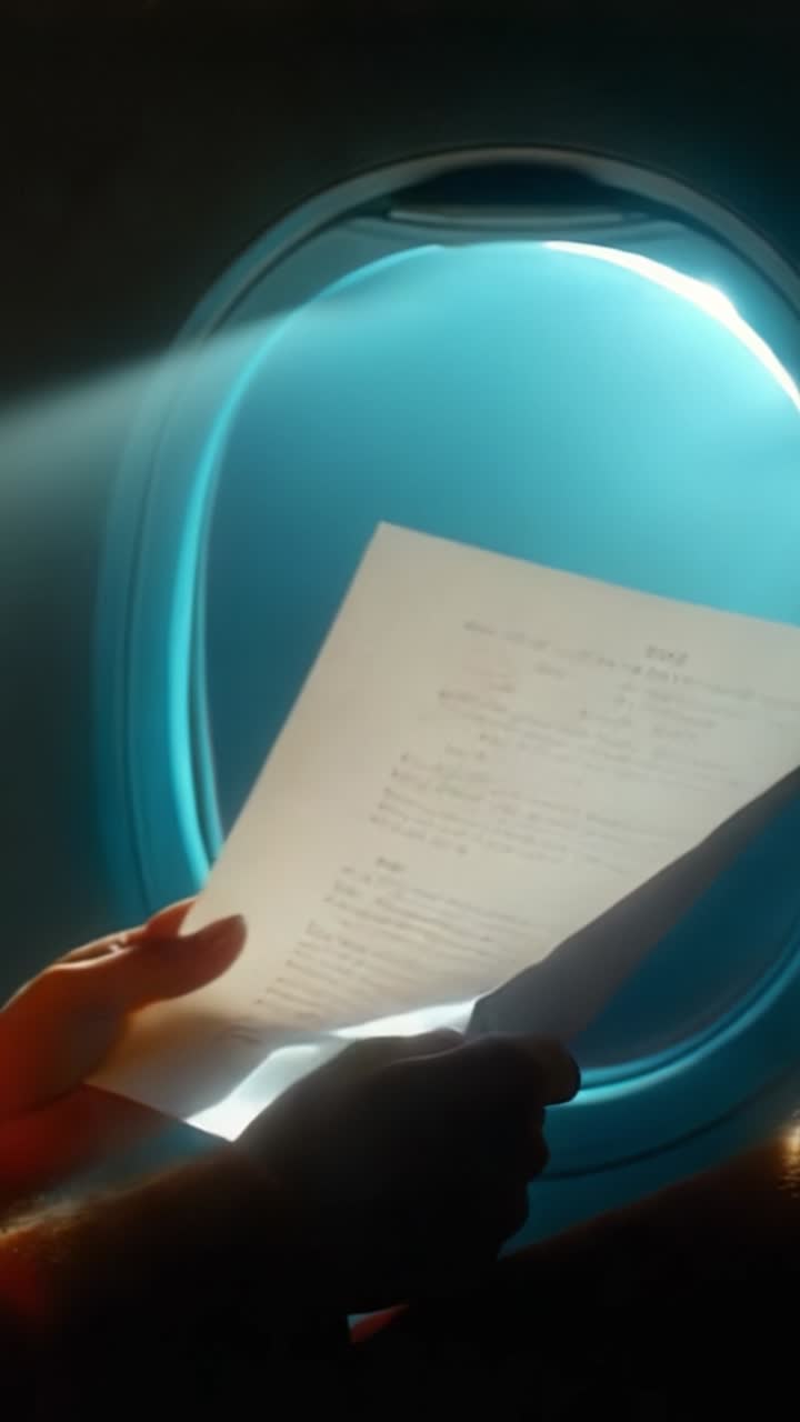 Um close-up de mãos segurando um documento iluminado por luz suave de uma janela de avião, exibindo a atmosfera serena da leitura durante uma experiência de voo