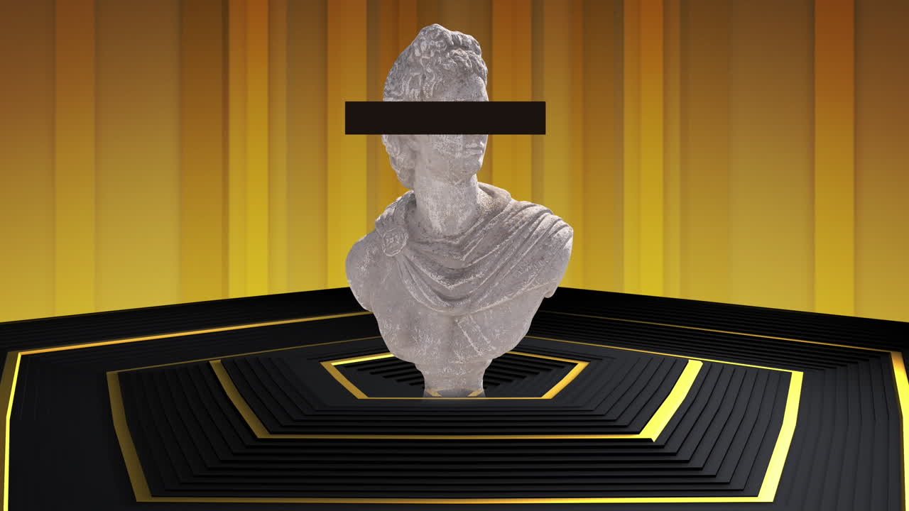 Animation of classical sculpture bust with censor bar over eyes with gold striped background
