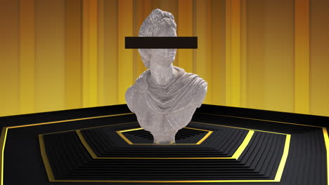 animación de busto de escultura clásica con barra de censura sobre los ojos con fondo a rayas doradas