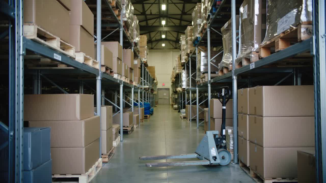 La telecamera inizia a registrare, riprendendo un corridoio di magazzino per il controllo dell'inventario, mostrando un transpallet inattivo.