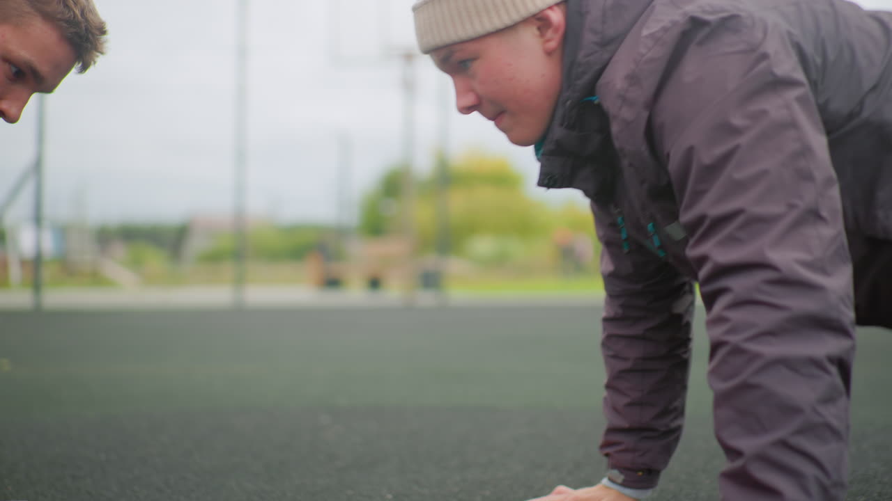 two men pushups with basketball on cold urban court friends compete in strength and balance drill reaching for ball while holding plank position wearing jackets and beanie sneakers scuff asphalt