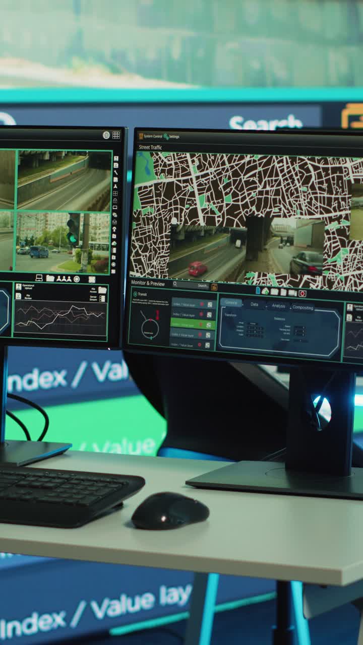 Monitor della sala di controllo che mostrano il sistema di sorveglianza del traffico stradale in diretta
