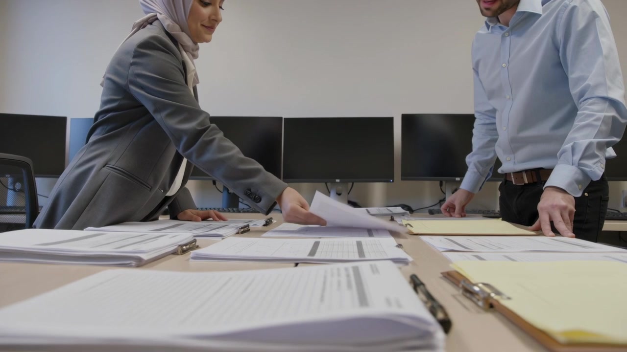 Examining sheet, sliding it, woman in hijab and man in blue shirt organizing papers across table