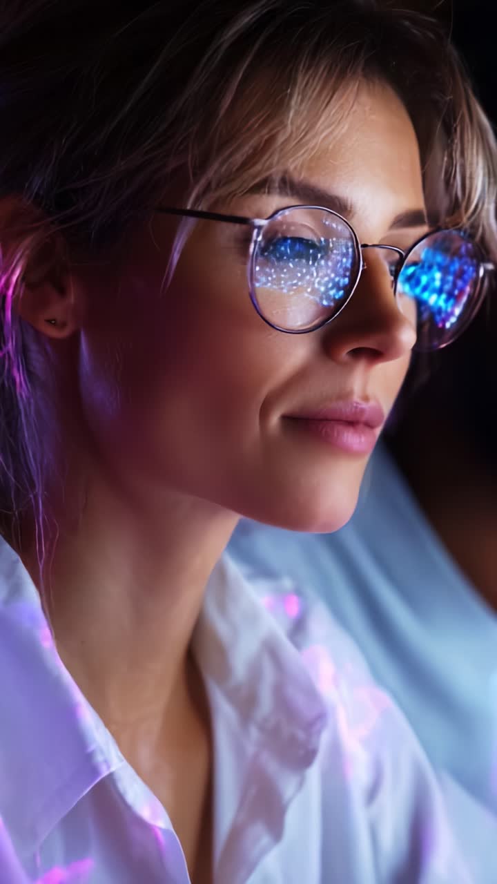 Giovane donna concentrata con occhiali, immersa in un ambiente digitale illuminato e ritratta in un momento di intensa concentrazione durante una sessione di lavoro o studio notturna.