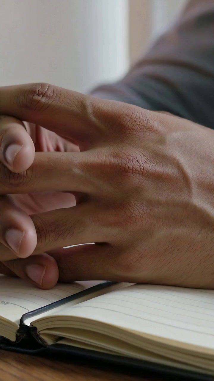 Video verticale: Mani in manica grigia su notebook che si muovono, si intrecciano e si stringono alla scrivania durante una riunione