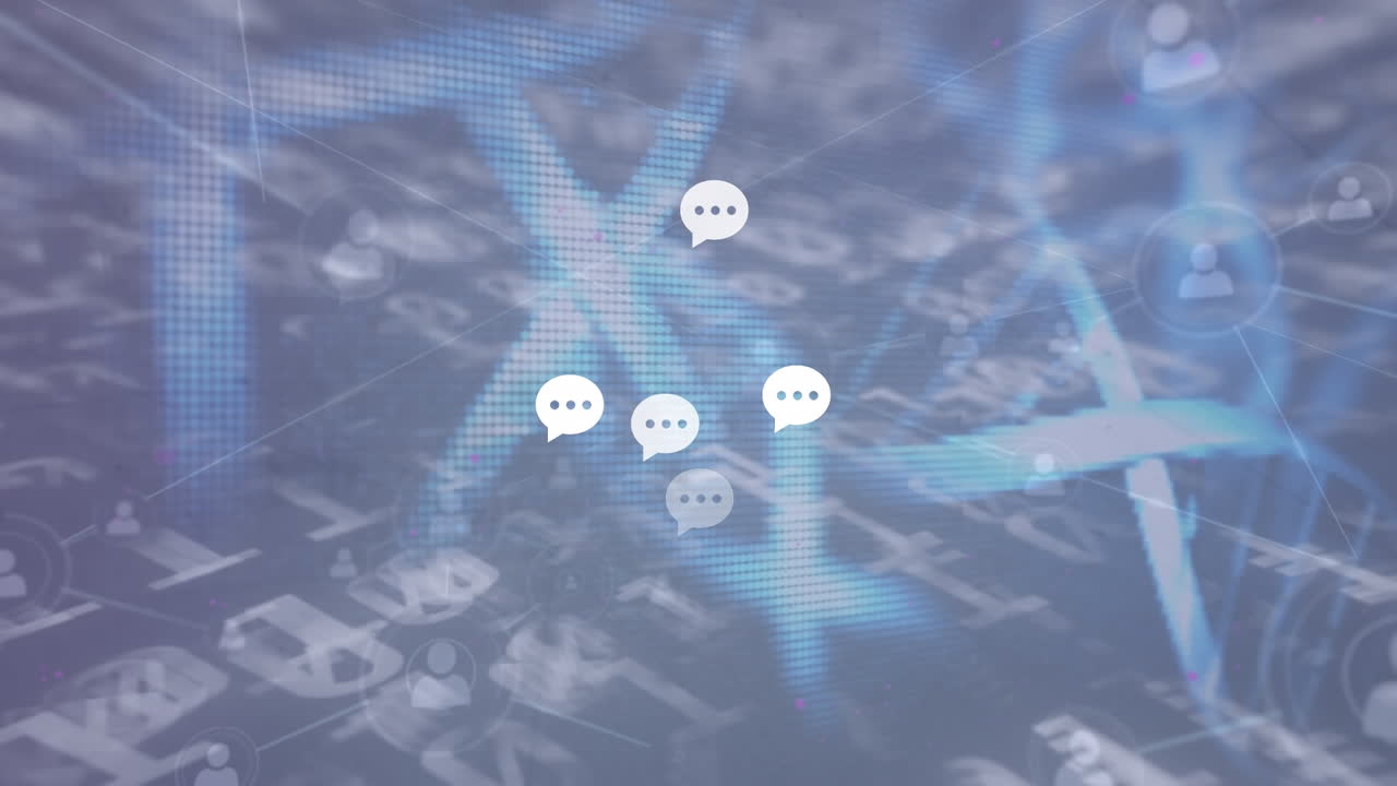 디지털 인터페이스의 애니메이션과 어두운 배경에 떨어지는 아이콘