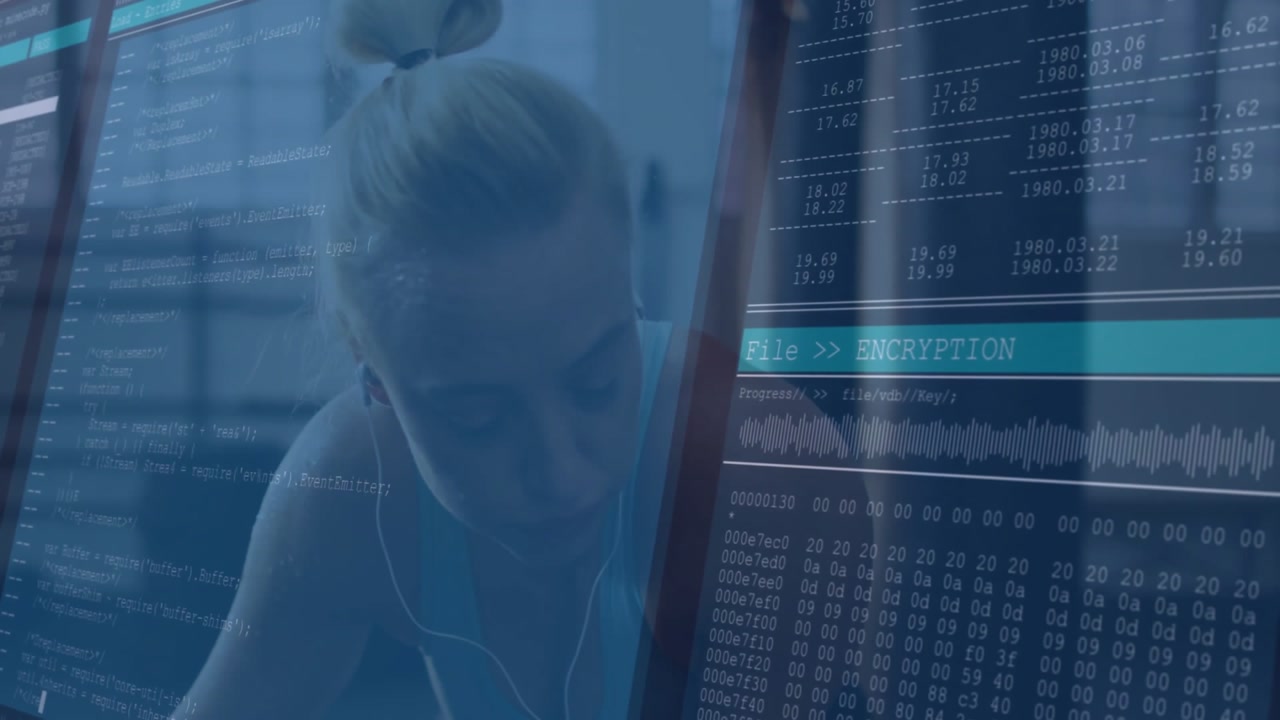female developer working in tech, viewing transparent screen overlaying code and encryption panel