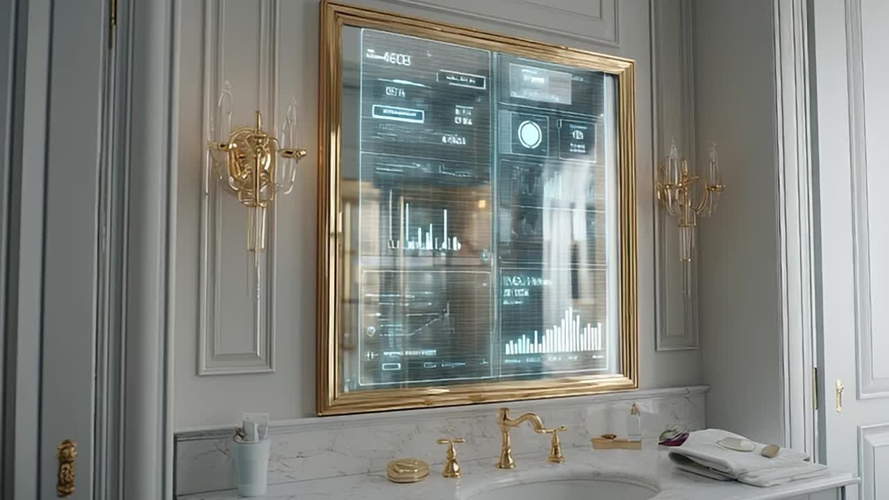 Modern smart mirror displaying health data in stylish bathroom