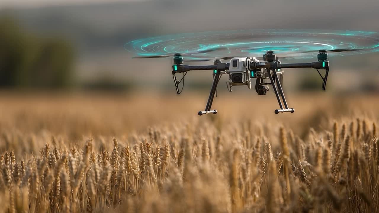Drone che cattura immagini su un campo di grano durante le ore del tramonto