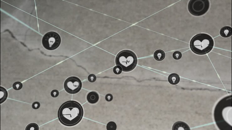 Animation of network of connections with icons over crack in grey surface