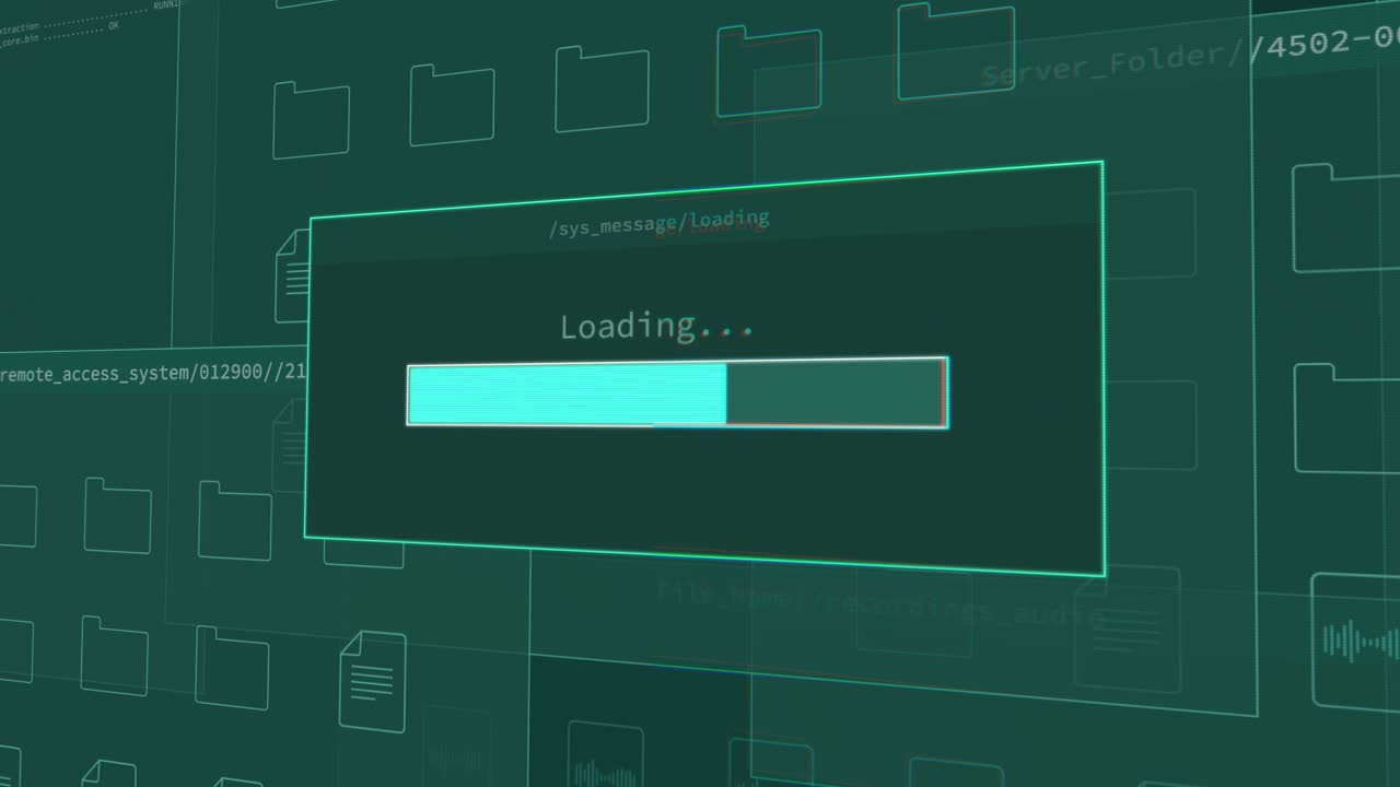 Progress bar loading data and files on computer server system transfer information by hacker spy or user. Entering secret classified laptop. Sending documents stealing private data uploading to cloud