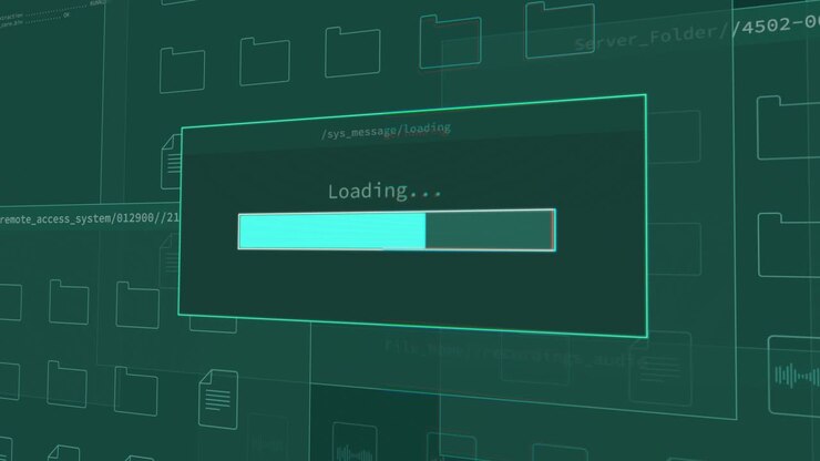 Progress bar loading data and files on computer server system transfer information by hacker spy or user. Entering secret classified laptop. Sending documents stealing private data uploading to cloud