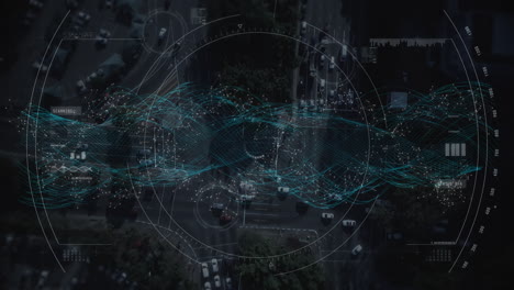 animation of scope scanning and dna strand over cityscape