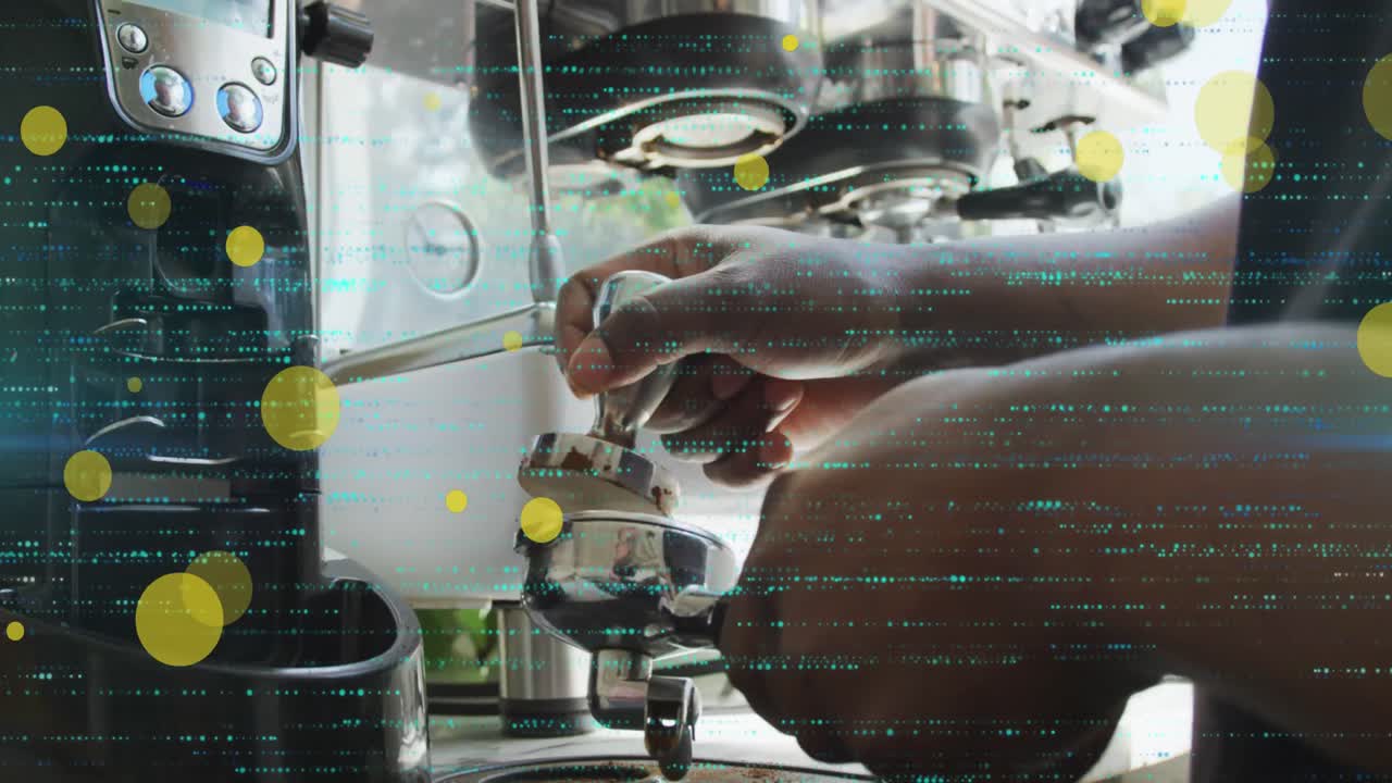 animación de puntos amarillos cayendo sobre el barista haciendo café