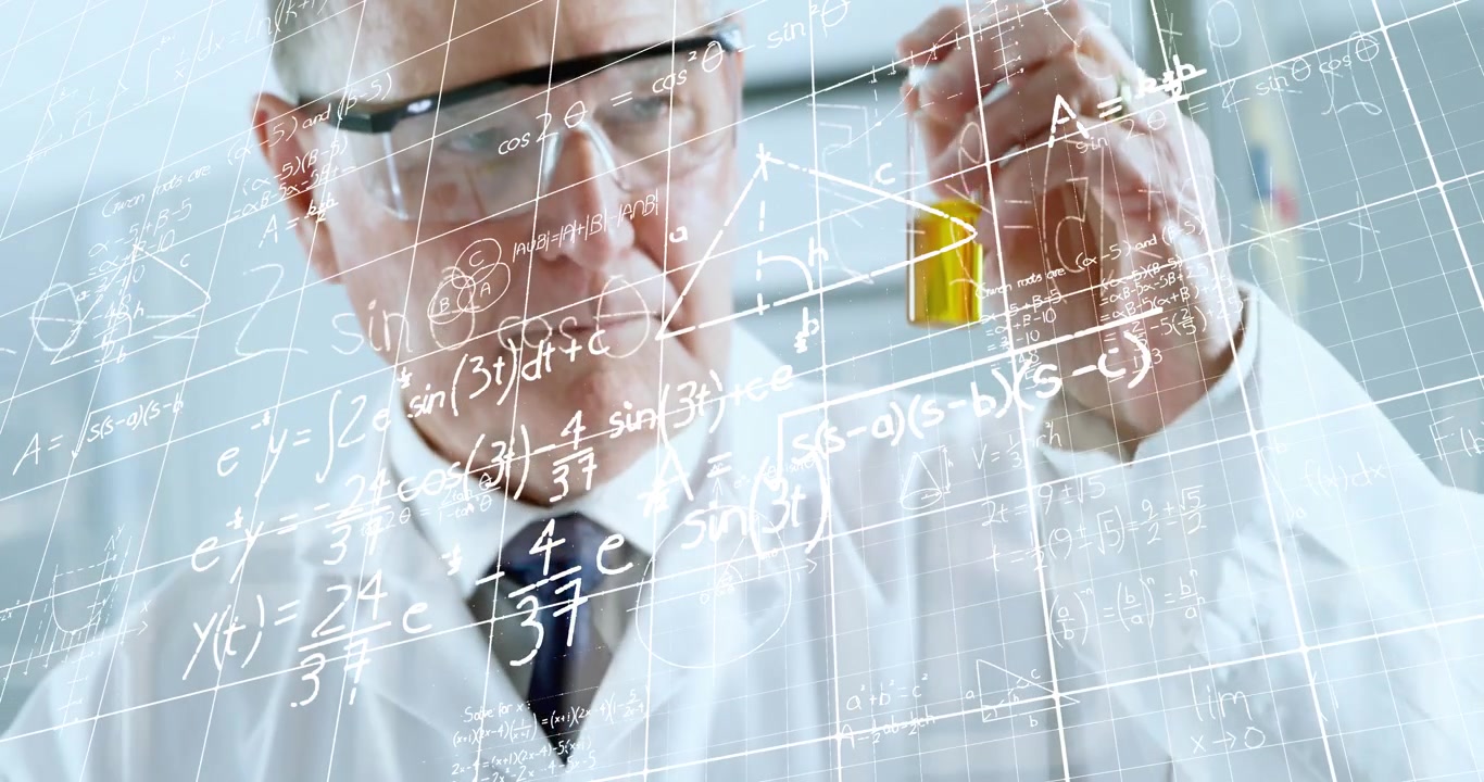 Animation of mathematical equations on caucasian male scientist holding a vial bottle at laboratory