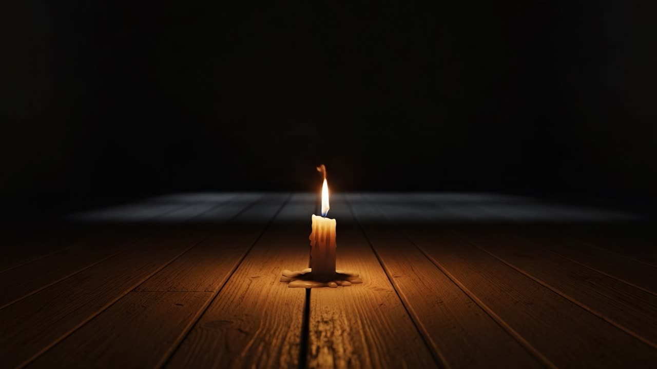 A solitary candle flickering in the dark, casting soft shadows and creating a warm, intimate atmosphere, symbolizing hope and tranquility in a serene setting