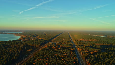aerial view of scenic flat, long, straight road between trees