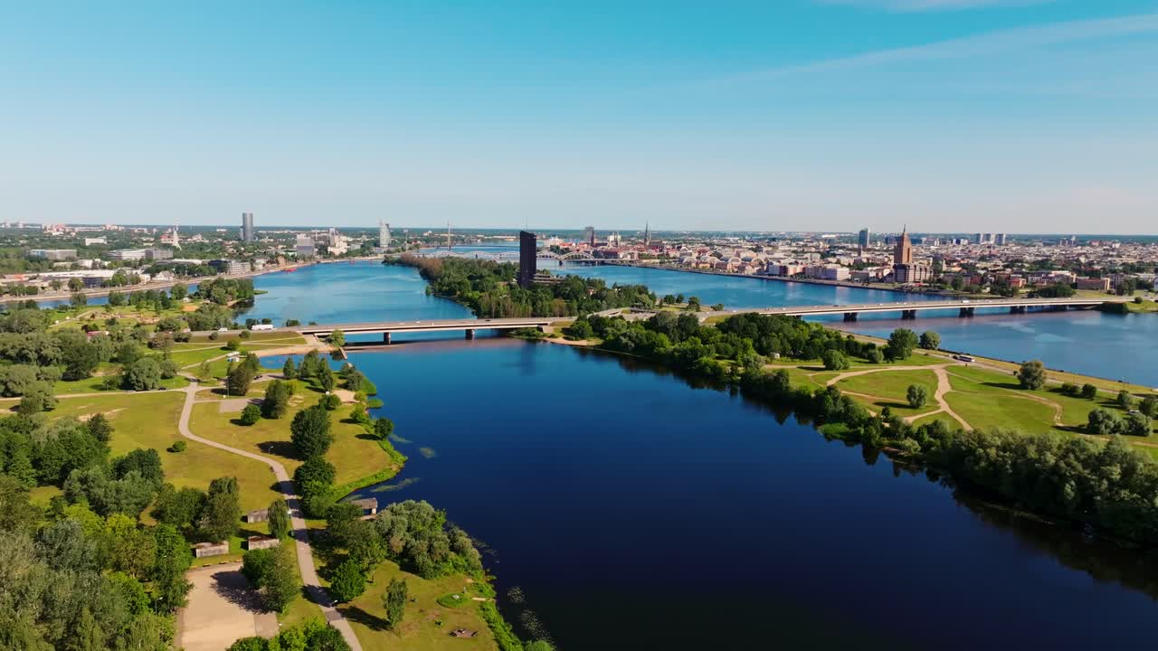 Establishing lowers height over Zaķusala and Lucavsala, Riga city skyline view