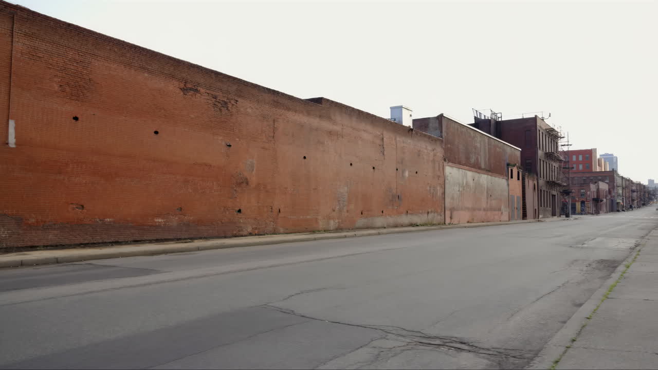 Strada urbana vuota con un lungo muro di mattoni e vecchi edifici