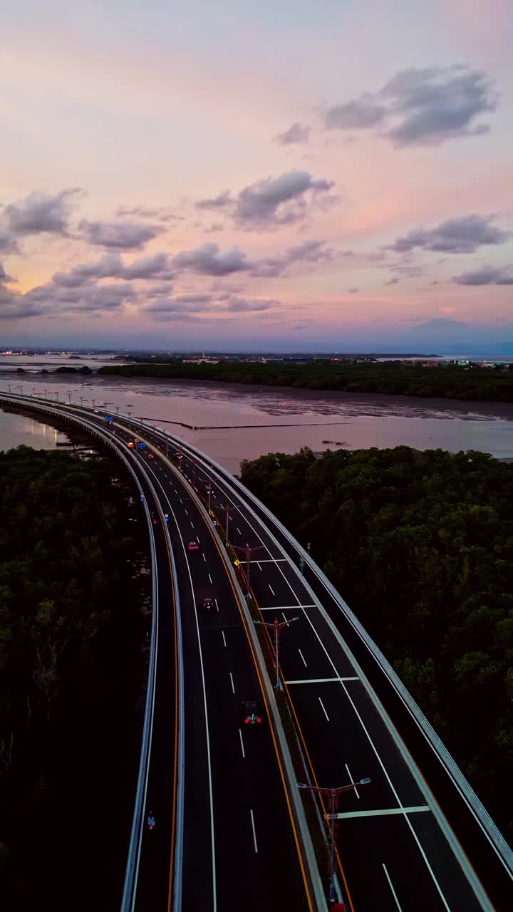 Bali Mandara Toll road bridge viewed by drone extends across mangrove forest and tidal mud flats surrounded by tropical setting highlighting connection between modern travel and coastal nature