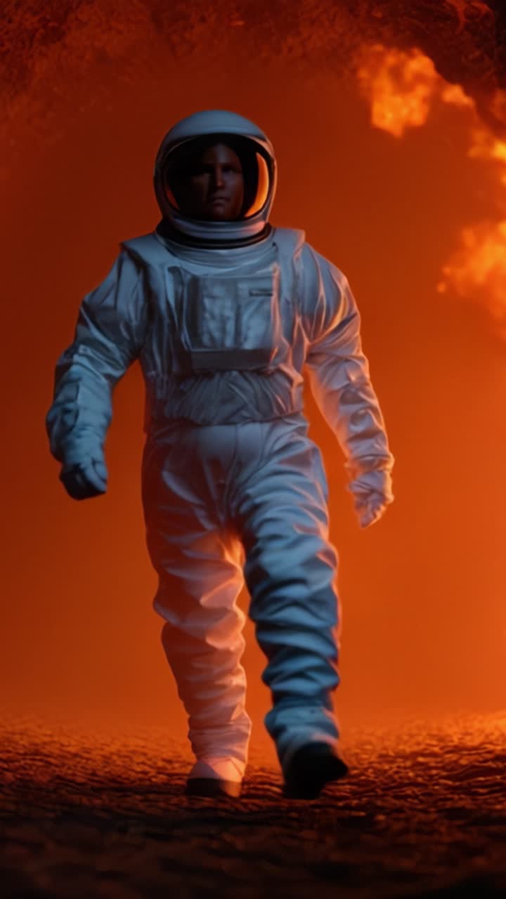 Un astronauta naviga un paesaggio infuocato, incarnando lo spirito dell'esplorazione in un ambiente ultraterreno pieno di calore e intensità.