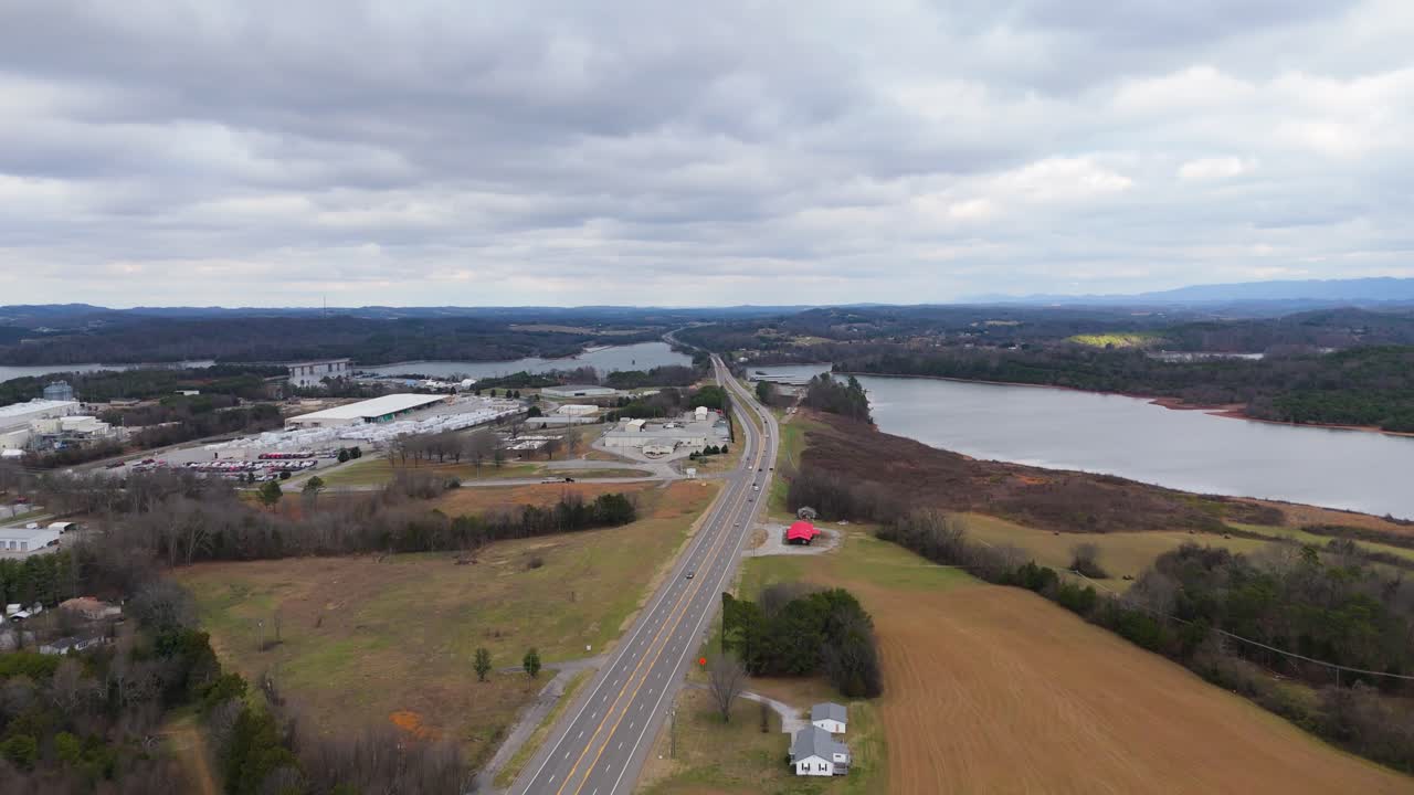 Aerial shot of TN Route 411 next to Fort Loudoun State Park.