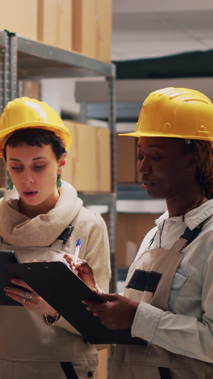 Vertical video: Diverse employees counting boxes of products