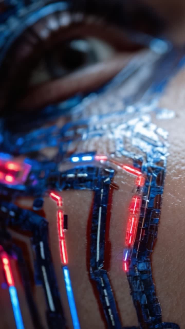 Primo Piano Dettagliato di un Volto Cibernetico Futuristico con Motivi di Circuiti Luminosi, che Evidenzia il Ruolo della Tecnologia nell'Evoluzione Umana e nel Design dell'Interfaccia