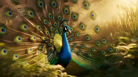 majestic peacock displaying its vibrant tail feathers in a lush setting