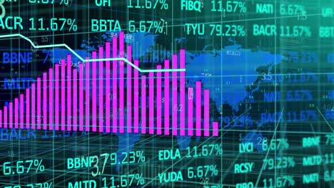 Animation-Von-Rosa-Und-Blauen-Diagrammen-Mit-Weltkarte-Und-Verarbeitungsdaten-über-Raster-Auf-Schwarzem-Hintergrund