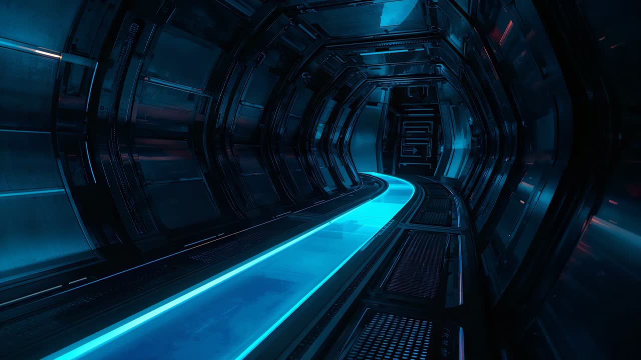 Pulsing from power, cyan walkway running through ship corridor, guiding view toward sealed hatch