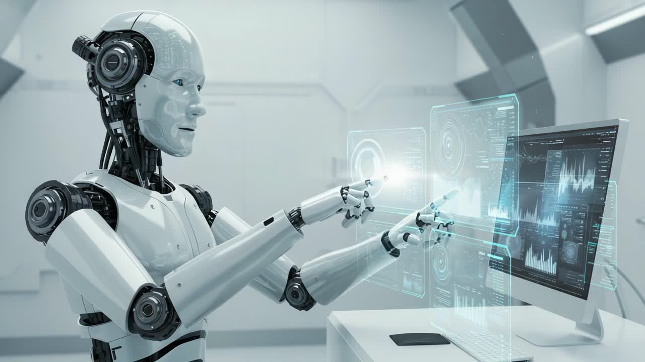 A Futuristic Robot Interacting with a Transparent Interface in a High-Tech Laboratory Setting, Showcasing Advanced Technology and Human-Machine Collaboration
