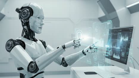 a futuristic robot interacting with a transparent interface in a high-tech laboratory setting, showcasing advanced technology and human-machine collaboration