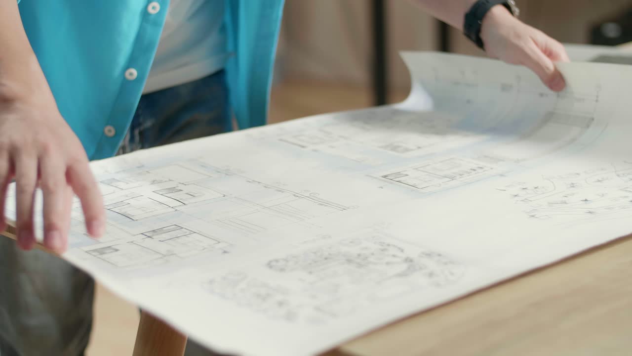Close Up Of Asian Man Engineer With A Laptop Looking At Blueprint While Working At The Office