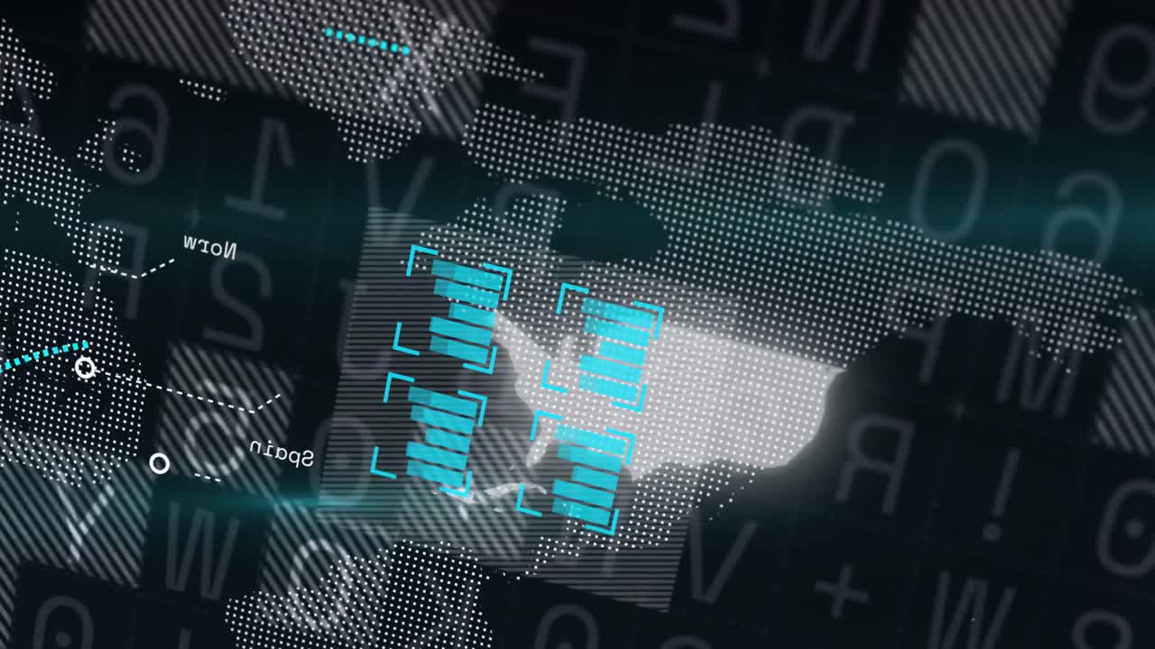 Animation of financial graph over data processing on dark background