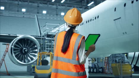 técnico de aeronaves inspeccionando el avión en el hangar