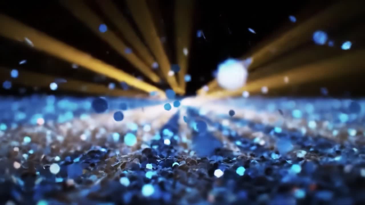 Vibrant blue confetti fills the air as beams of yellow light cut through the joyful atmosphere, creating an exciting ambiance at a lively celebration.