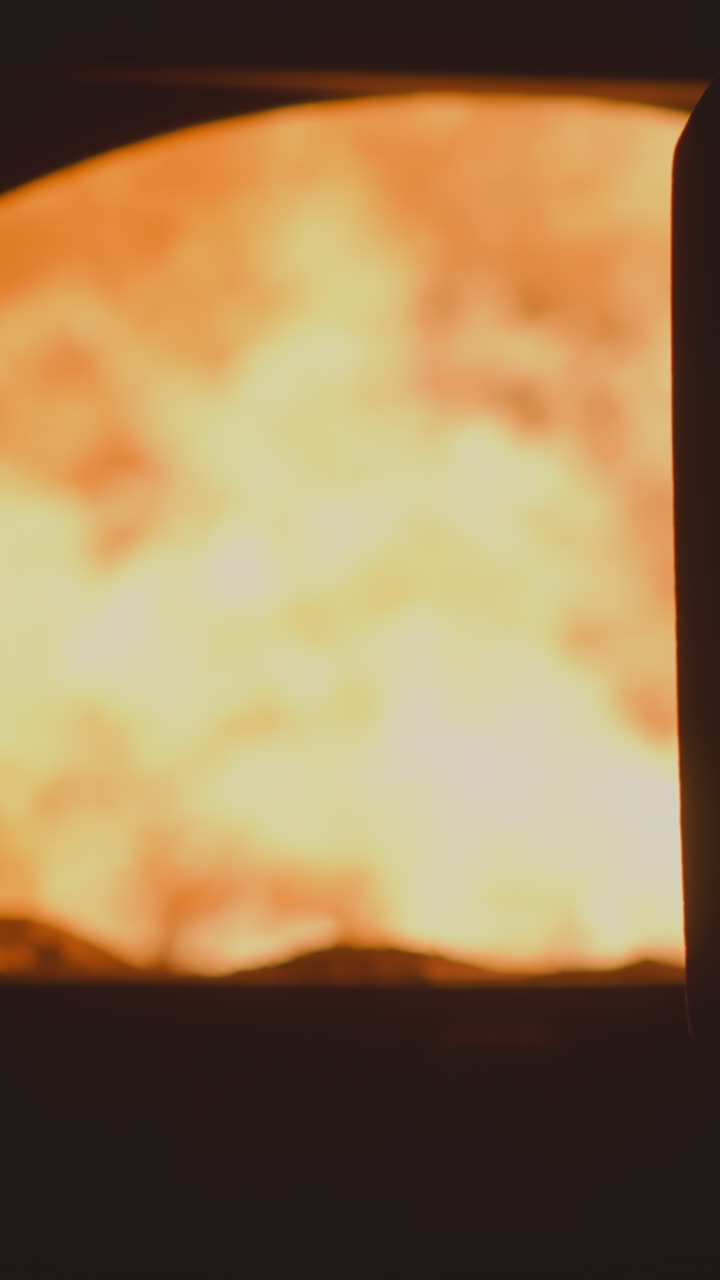 Flame burning in large industrial furnace with open door at metalworking plant. Powerful direct fired heater used at factory. Dangerous equipment