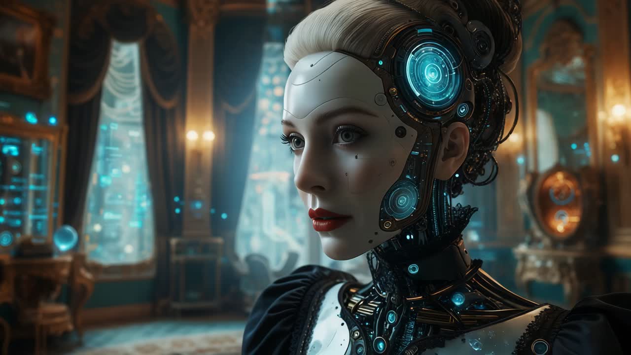 Donna cyborg che legge in un grande palazzo