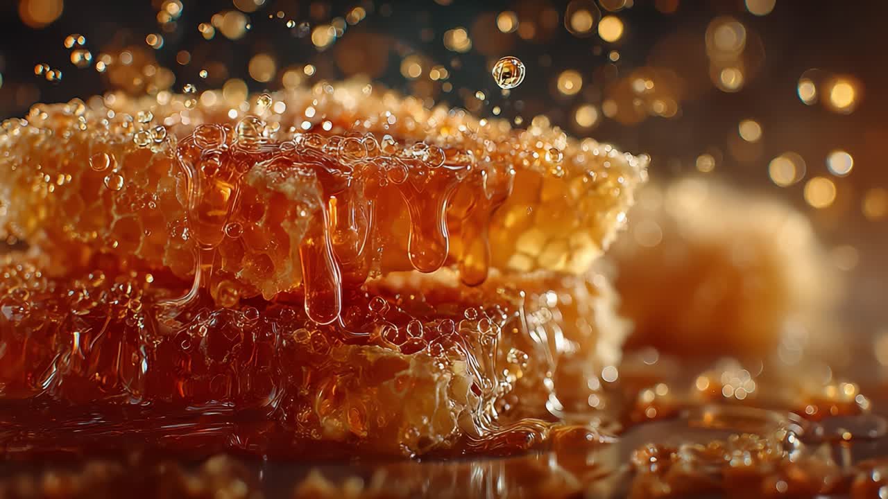 Immagine accattivante di un favo con miele scintillante che cola: Un'esplorazione ravvicinata della dolcezza e della consistenza della natura.